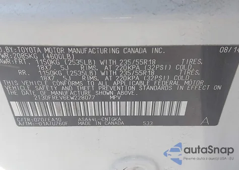 2014 Toyota Rav4 Limited z USA, uszkodzony, nr VIN 2T3DFREV6EW228077